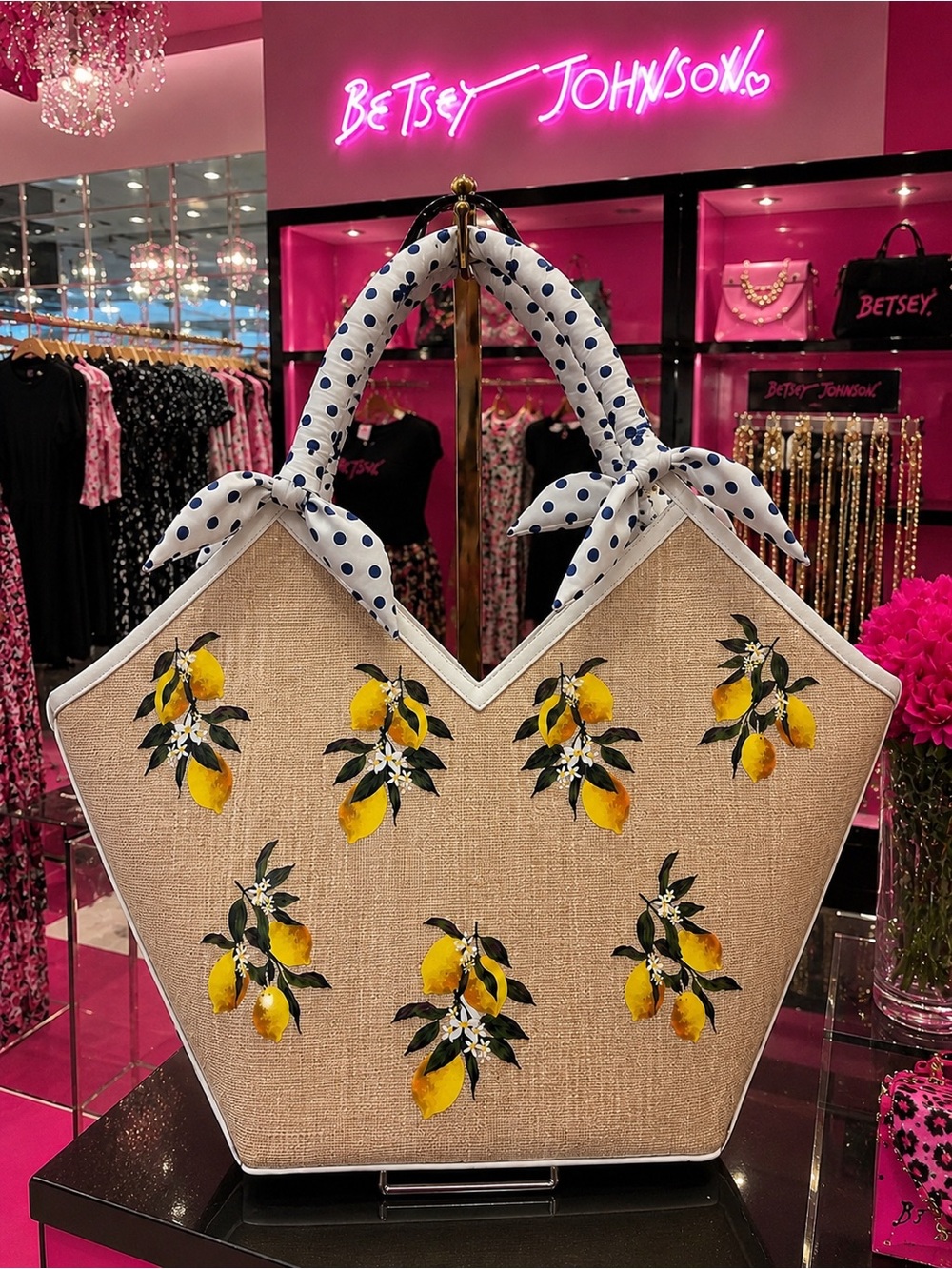 Betsey Johnson Beige Straw Tote with Yellow Lemon Print and Polka Dot Handles - Picture 3 of 7